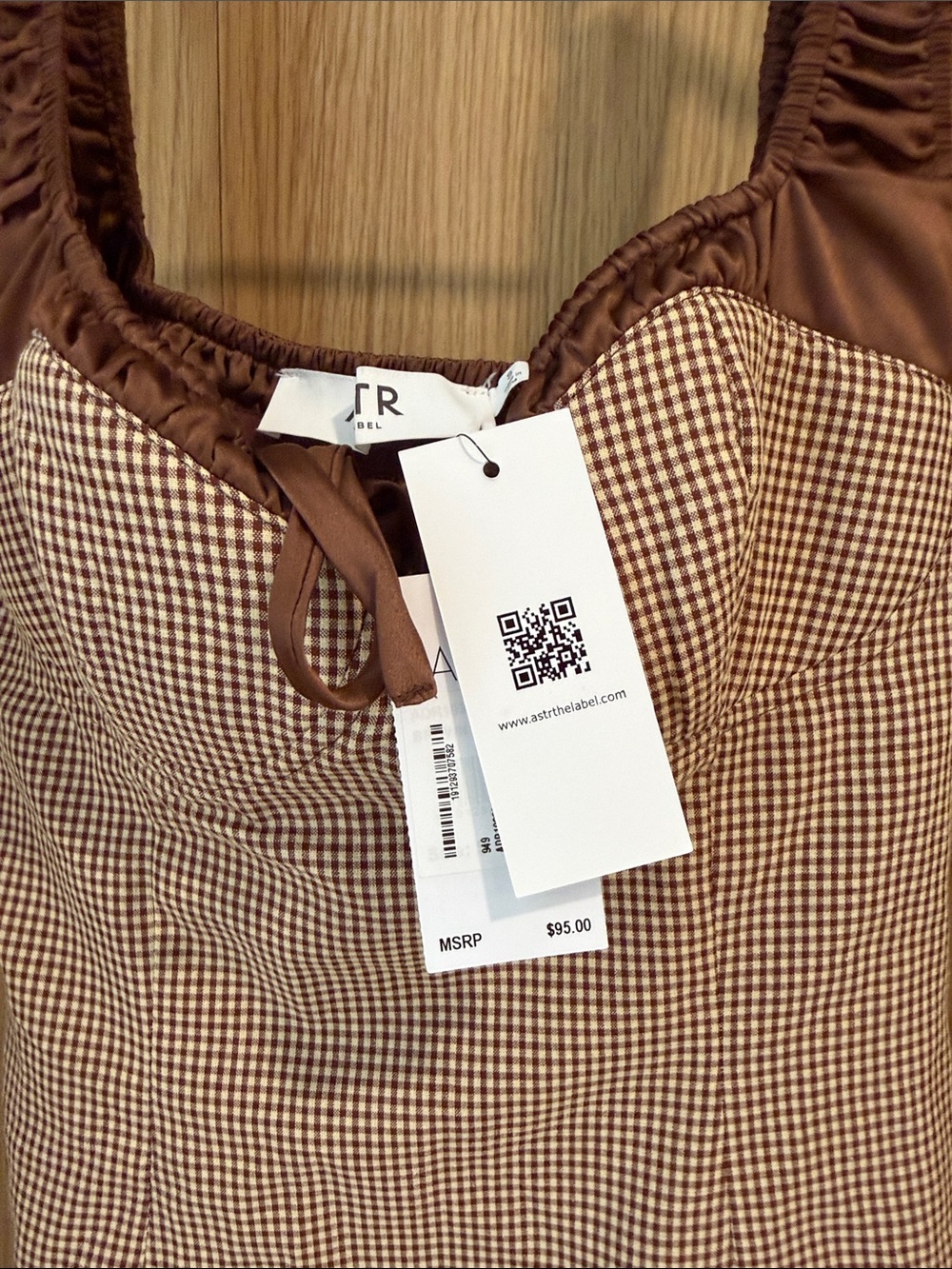 Astr Brown Checked Slip Dress with Ruched Straps & Pleated Hem - Picture 5 of 6